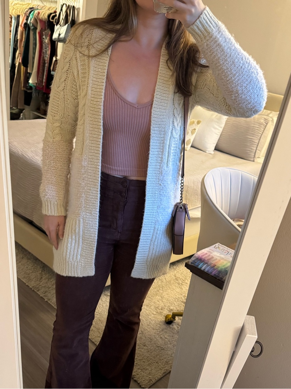 Aerie Cozy Cream Cable Knit Long Line Open Cardigan